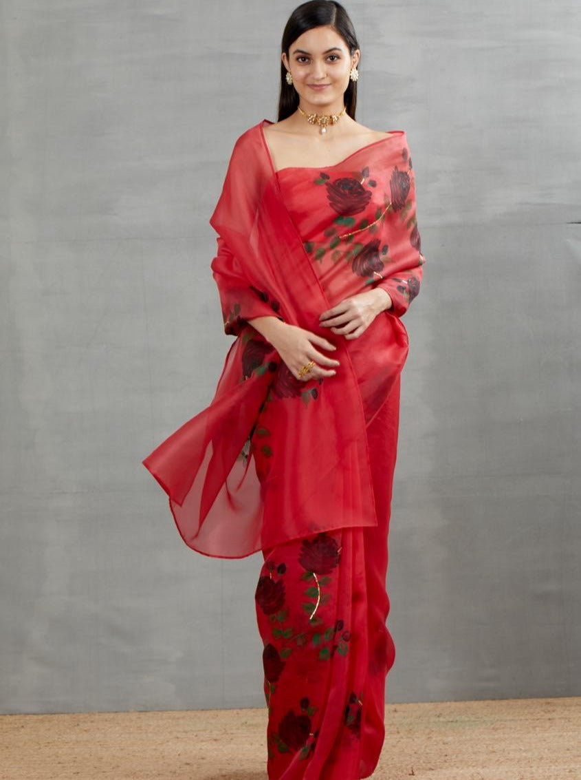 Black Roses On Red Organza Saree