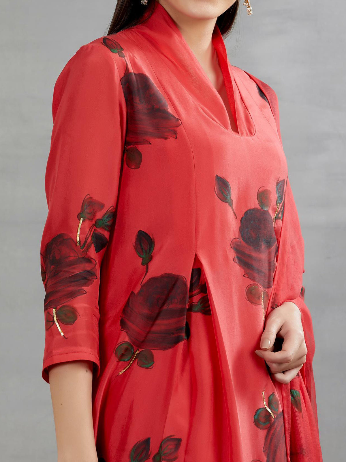 Black Roses On Red Silk Kurta