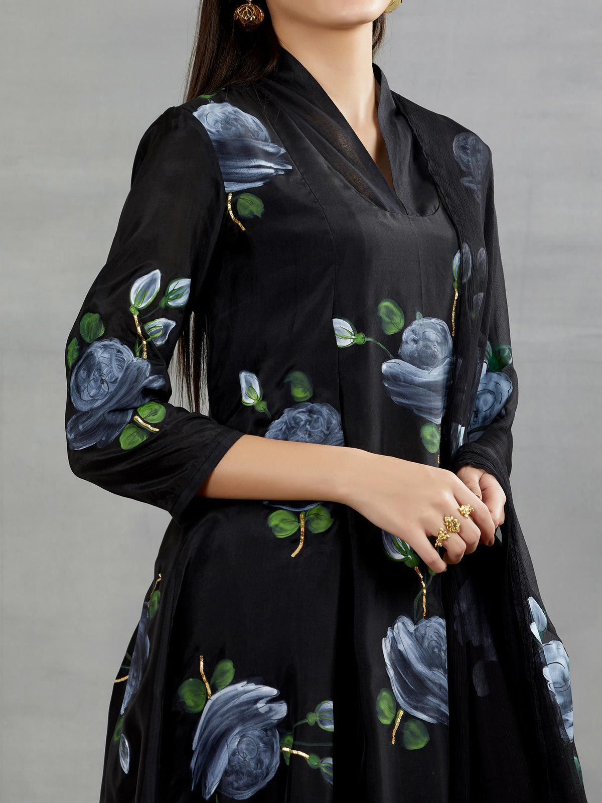 White Roses on Charcoal Black kurta