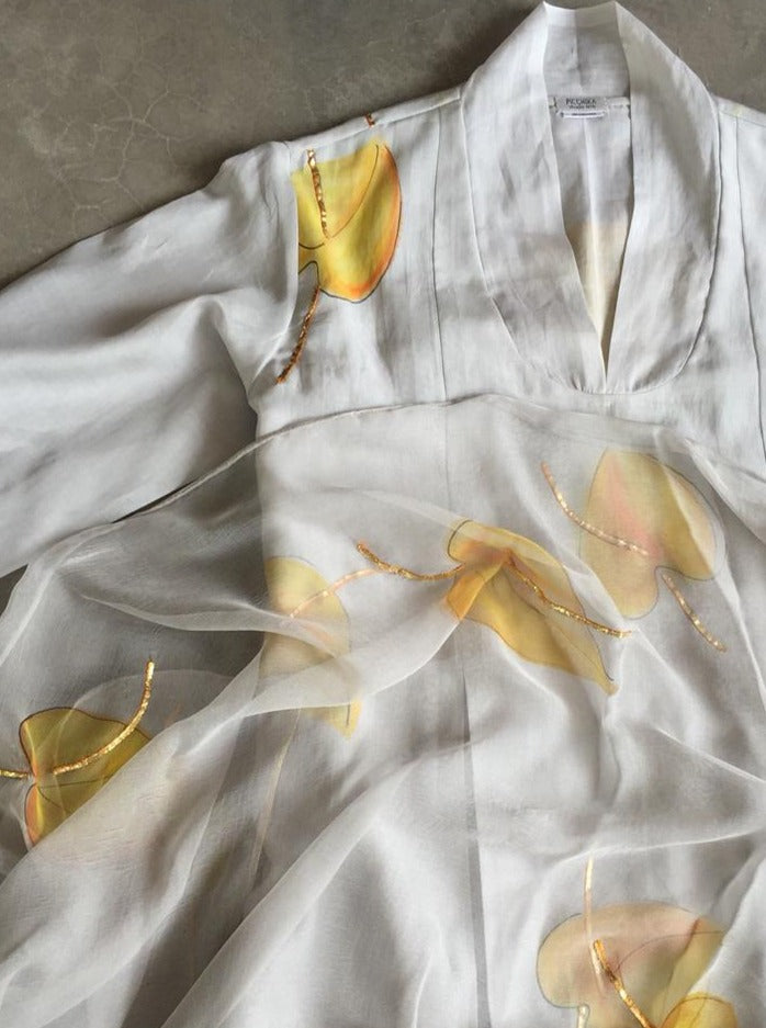 Yellow Anthuriums on Grey Silk Kurta