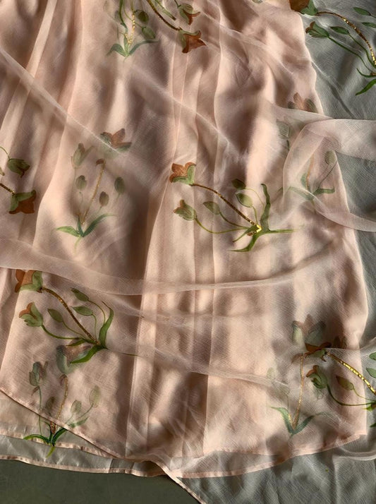 Apricot Tulips on Champaign Silk Kurta