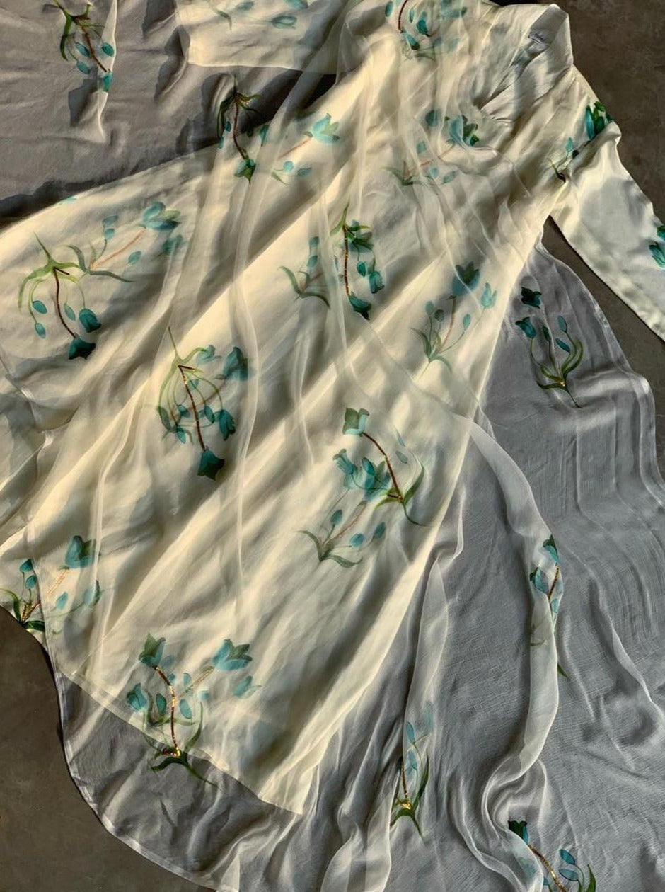 Apricot Tulips in Teal Blue on Ivory Silk Kurta – hand painted by PICCHIKA