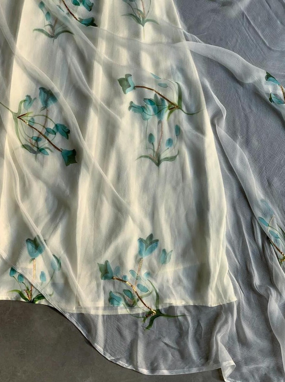 Apricot Tulips in Teal Blue on Ivory Silk Kurta by PICCHIKA – view 2