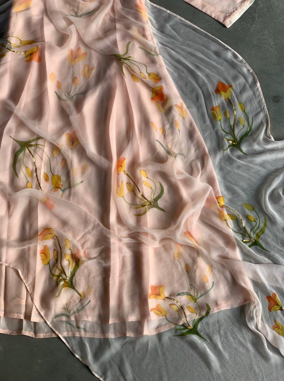 Apricot tulips on Peach Silk Kurta