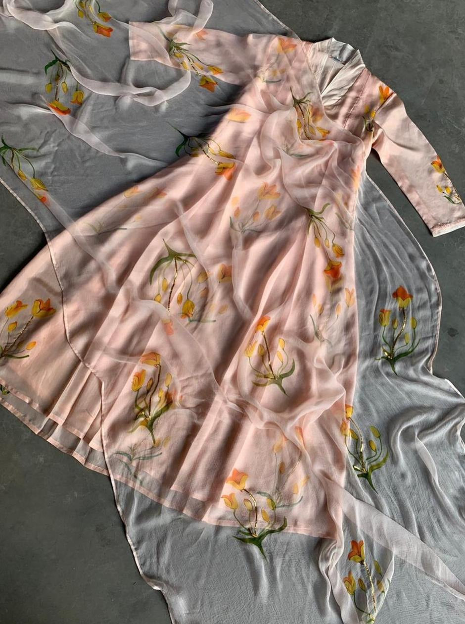 Apricot tulips on Peach Silk Kurta