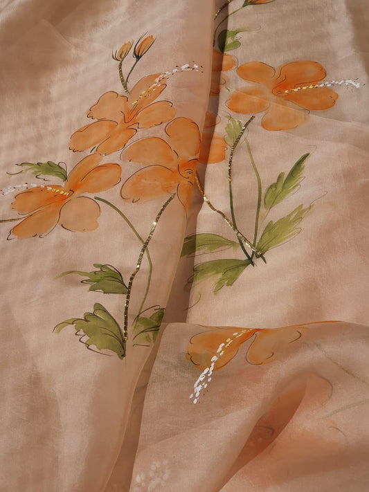 Saffron Hibiscus on Dull Rose Organza Saree