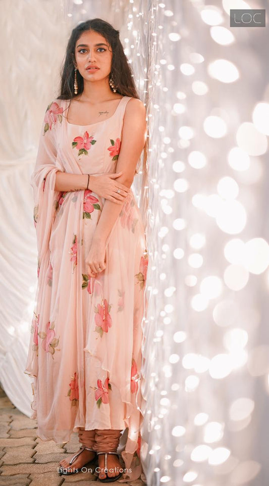 Hibiscus Roses on Dull Rose Flared Silk Kurta