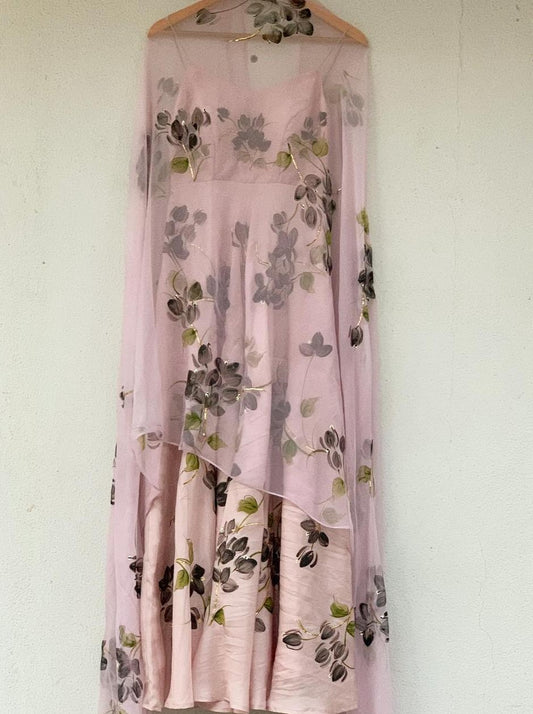 Black Bougainville's on Lilac Flared Silk Kurta