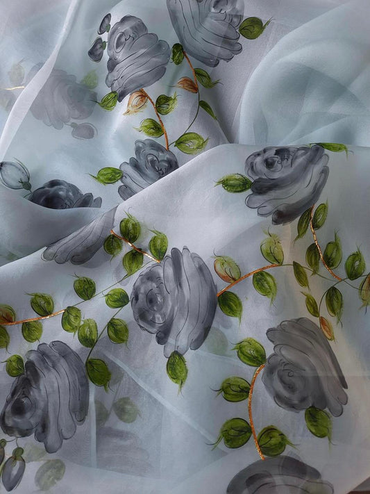 Charcoal Black Roses on Powder Blue Organza Saree