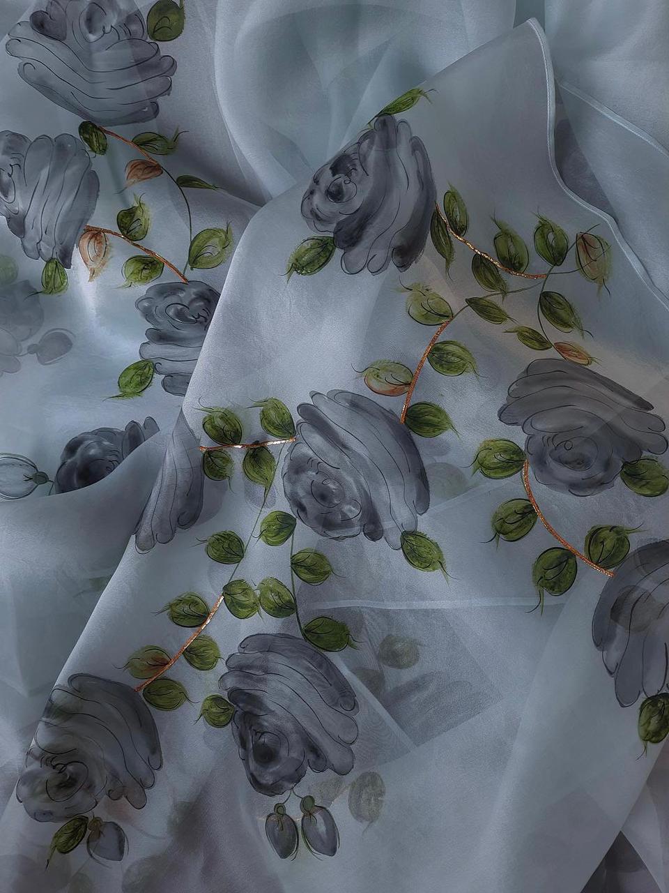 Charcoal Black Roses on Powder Blue Organza Saree