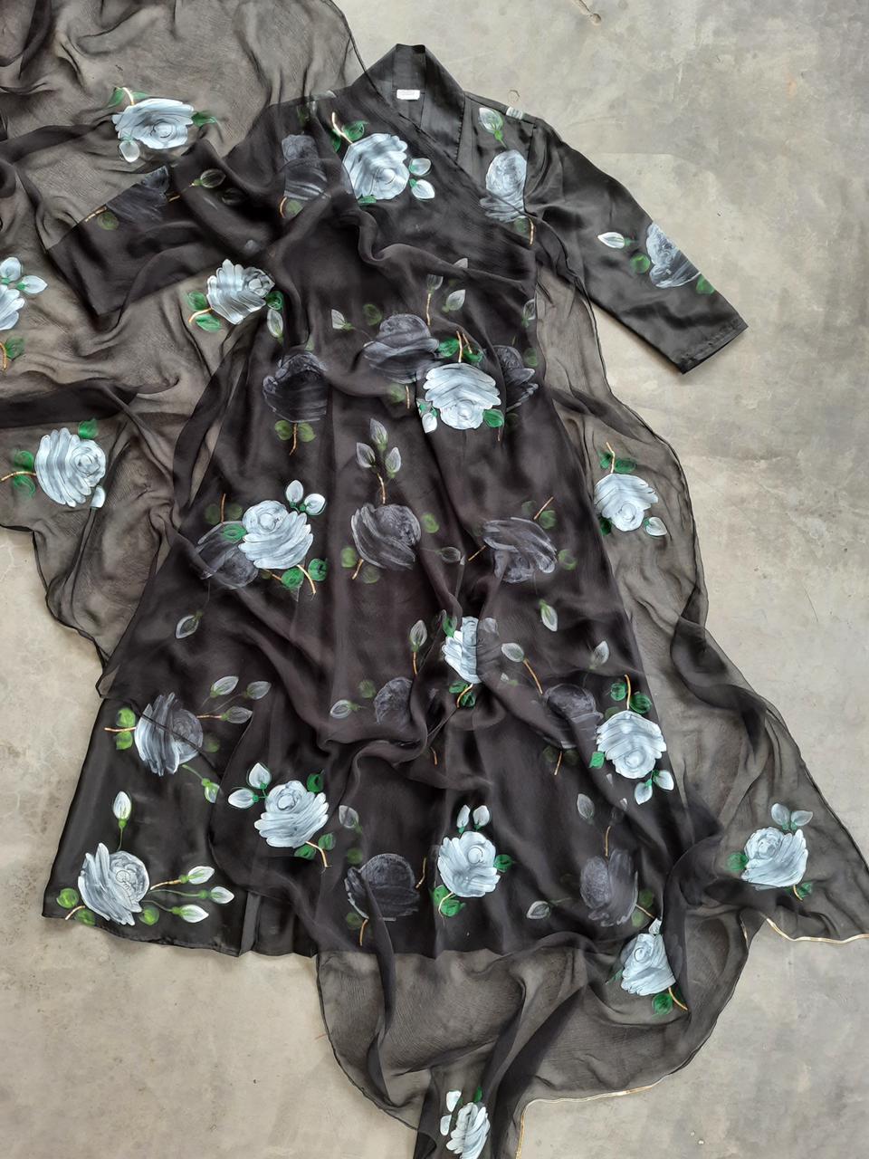 White Roses on Charcoal Black kurta