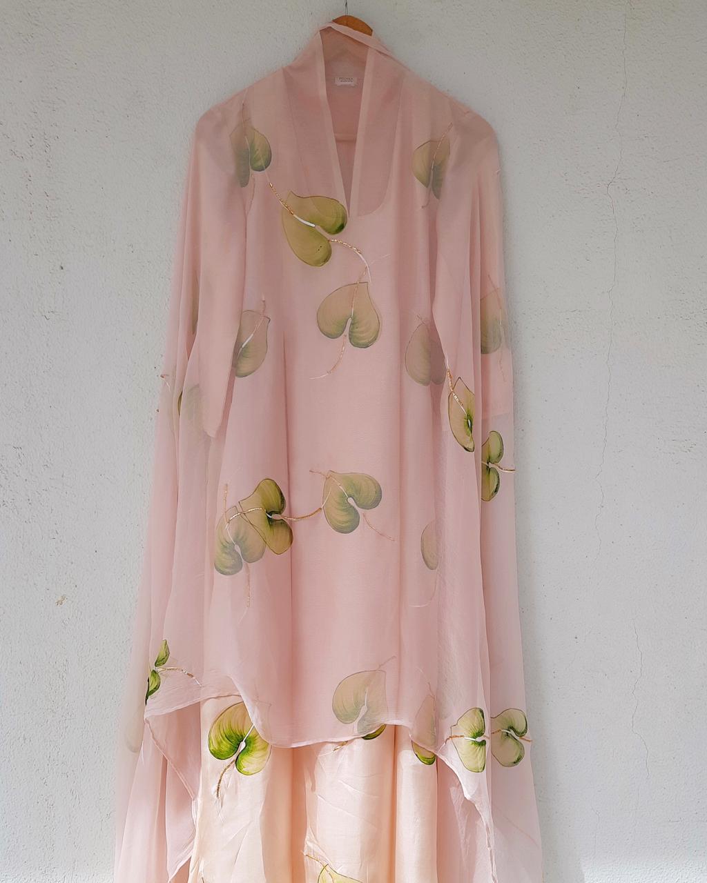 Olive Green Anthuriums on Dull Rose Silk Kurta – hand painted by PICCHIKA