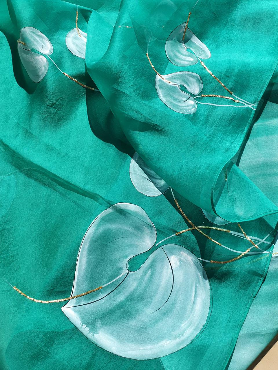 Anthuriums on Emerald Green Organza Saree