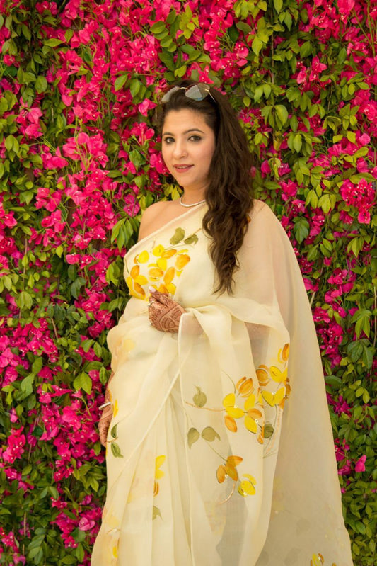 Shaded Bougainville's on Lemon Organza Saree
