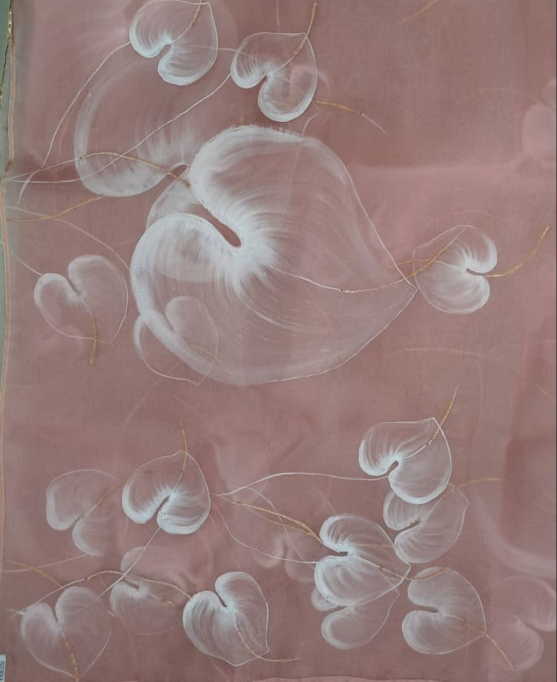White Anthuriums on Dull Rose Organza Saree