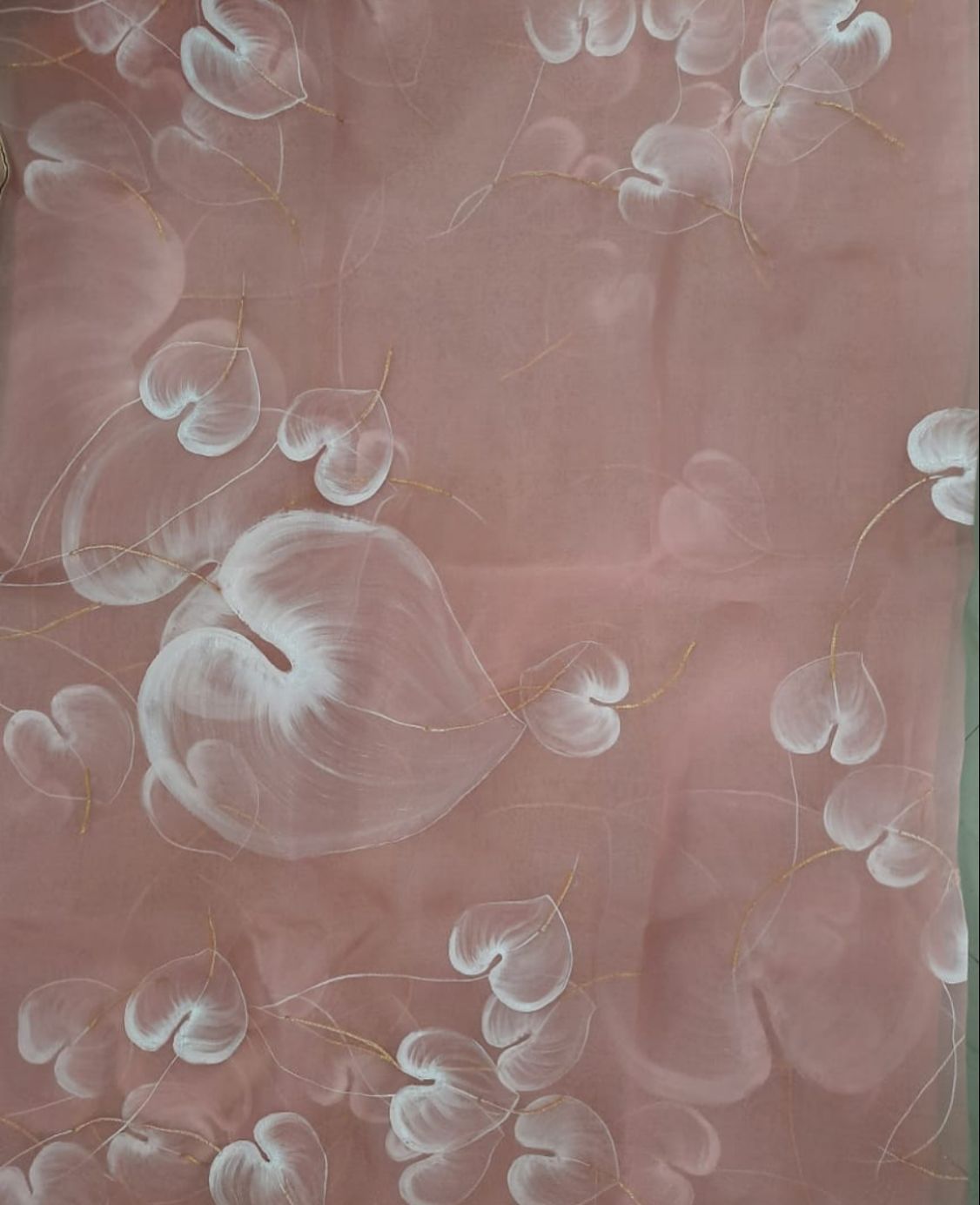 White Anthuriums on Dull Rose Organza Saree