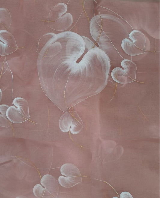 White Anthuriums on Dull Rose Organza Saree