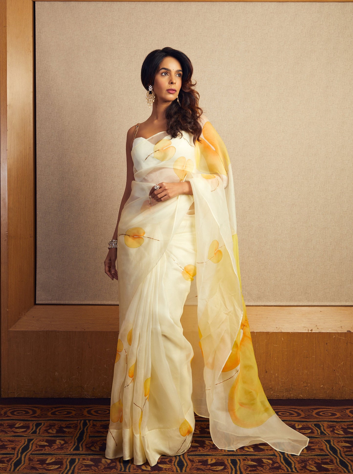 Flamingo flowers on Lemon Organza Saree