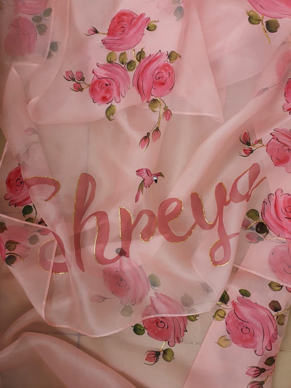 Custom Name on Rosepink Organza Saree