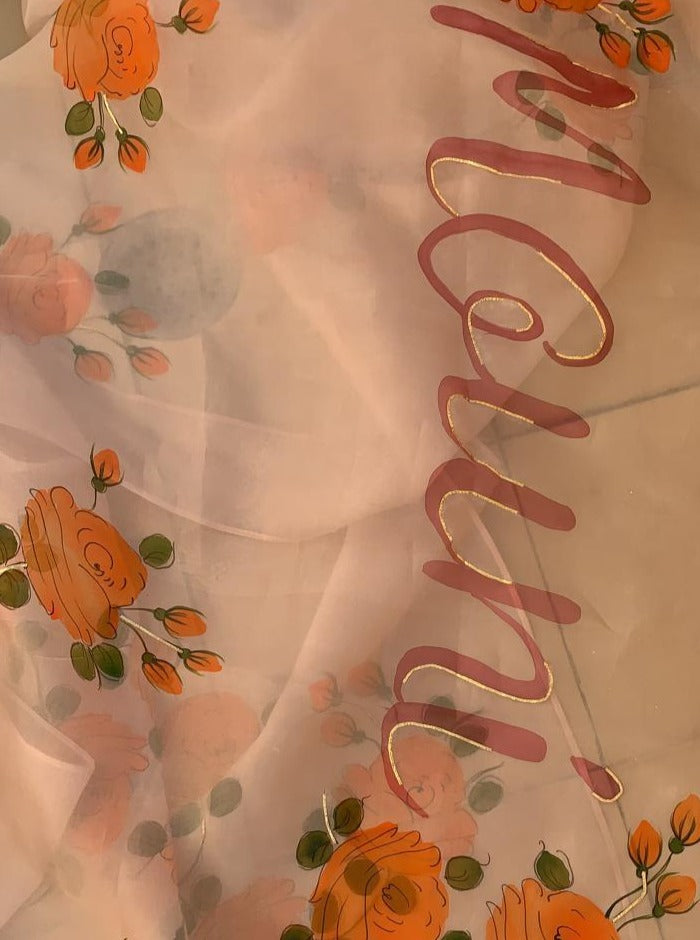 Custom Name on Saffron Roses Organza Saree