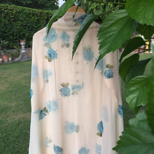 Blue Roses on Ivory Silk Kurta