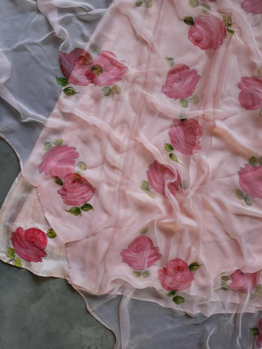 Red Roses on Dull Rose Silk Kurta