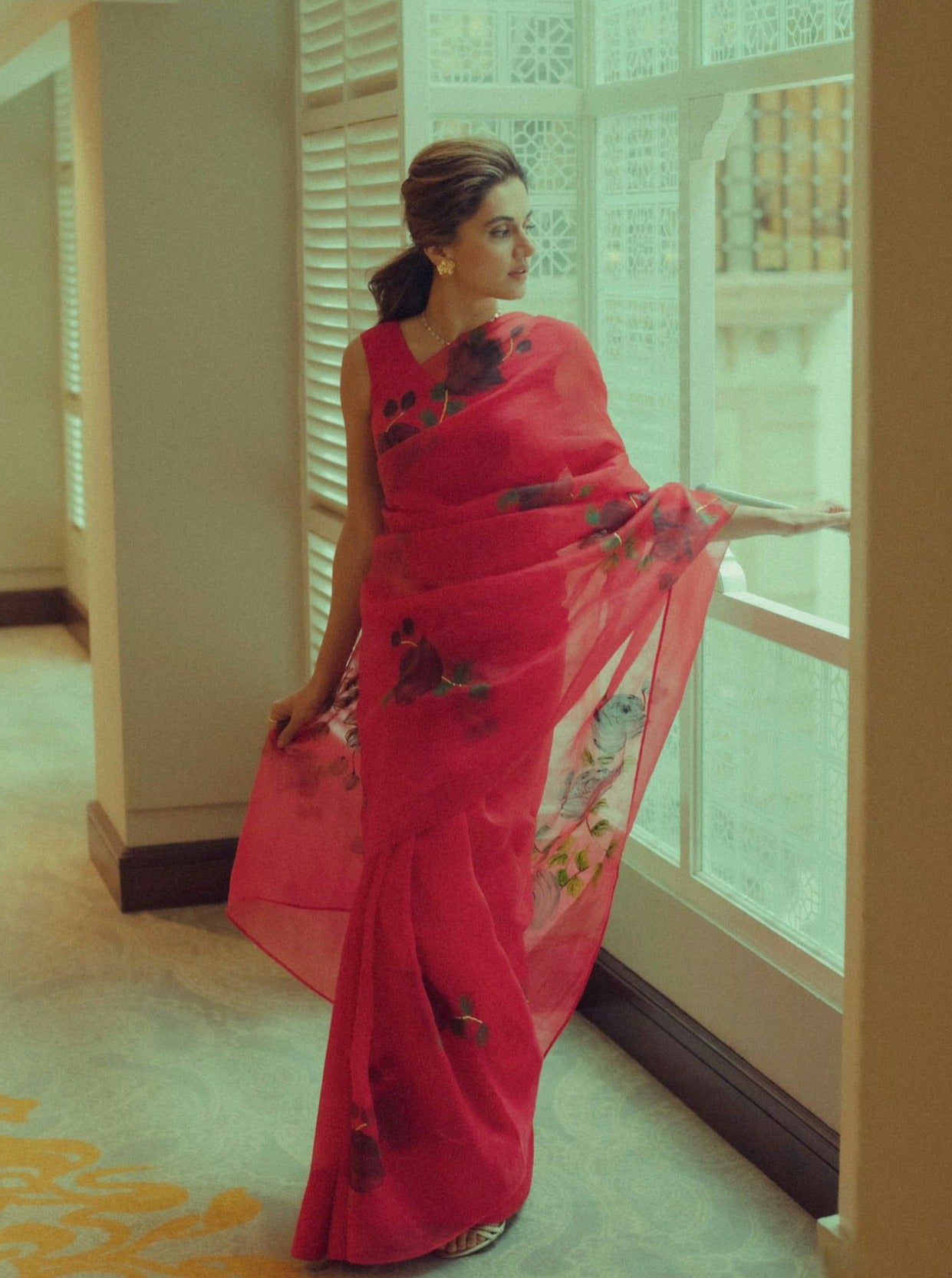 Black Roses On Red Organza Saree