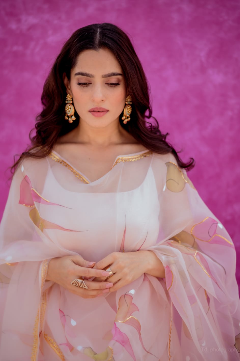 Calla lillies on Dull Rose Organza Dupatta with Plain Silk Flared Kurta