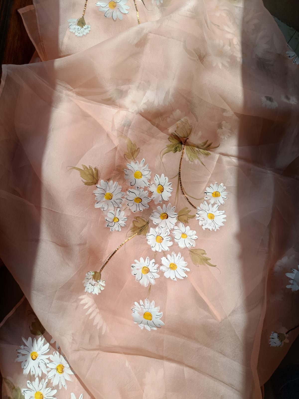 Daisies on Dull Rose Organza Saree
