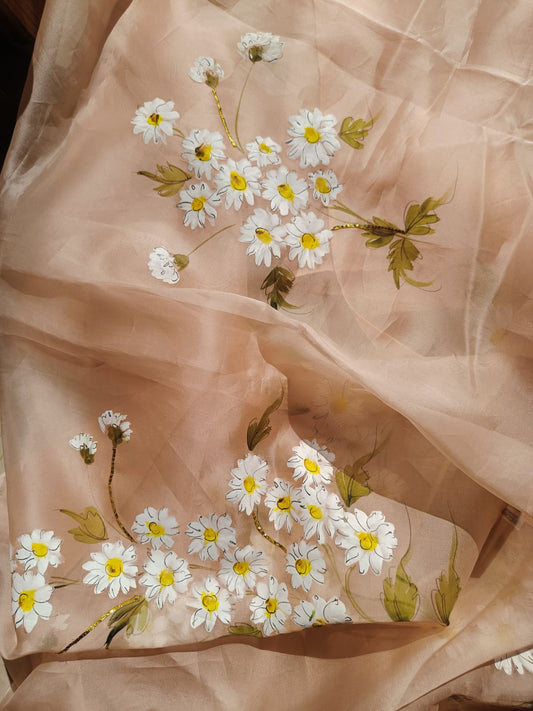 Daisies on Dull Rose Organza Saree