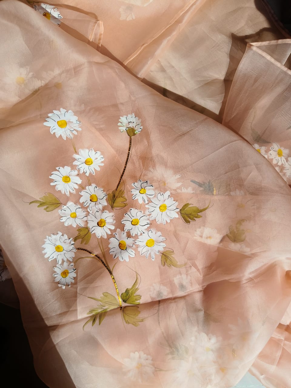 Daisies on Dull Rose Organza Saree