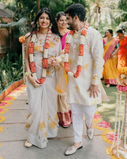 Yellow Lily on Grey Organza Saree