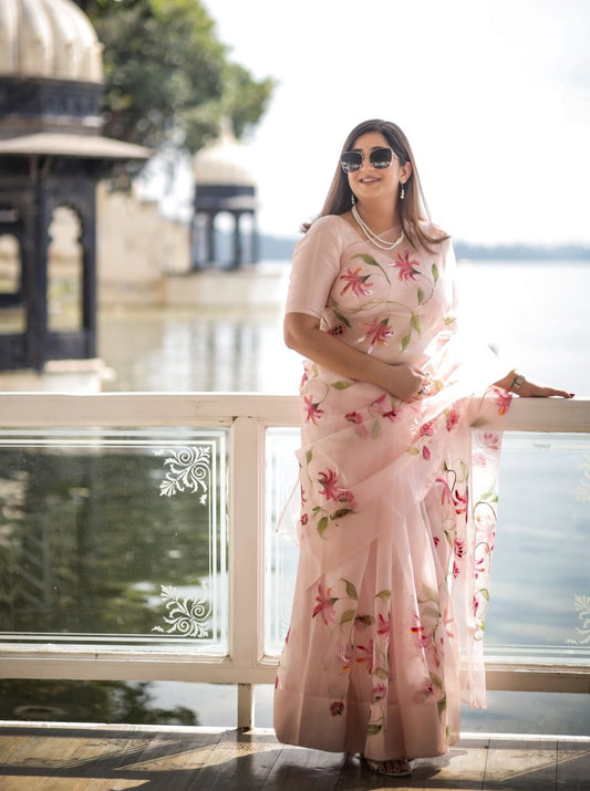 Honey Suckle's on Dull Rose Organza Saree