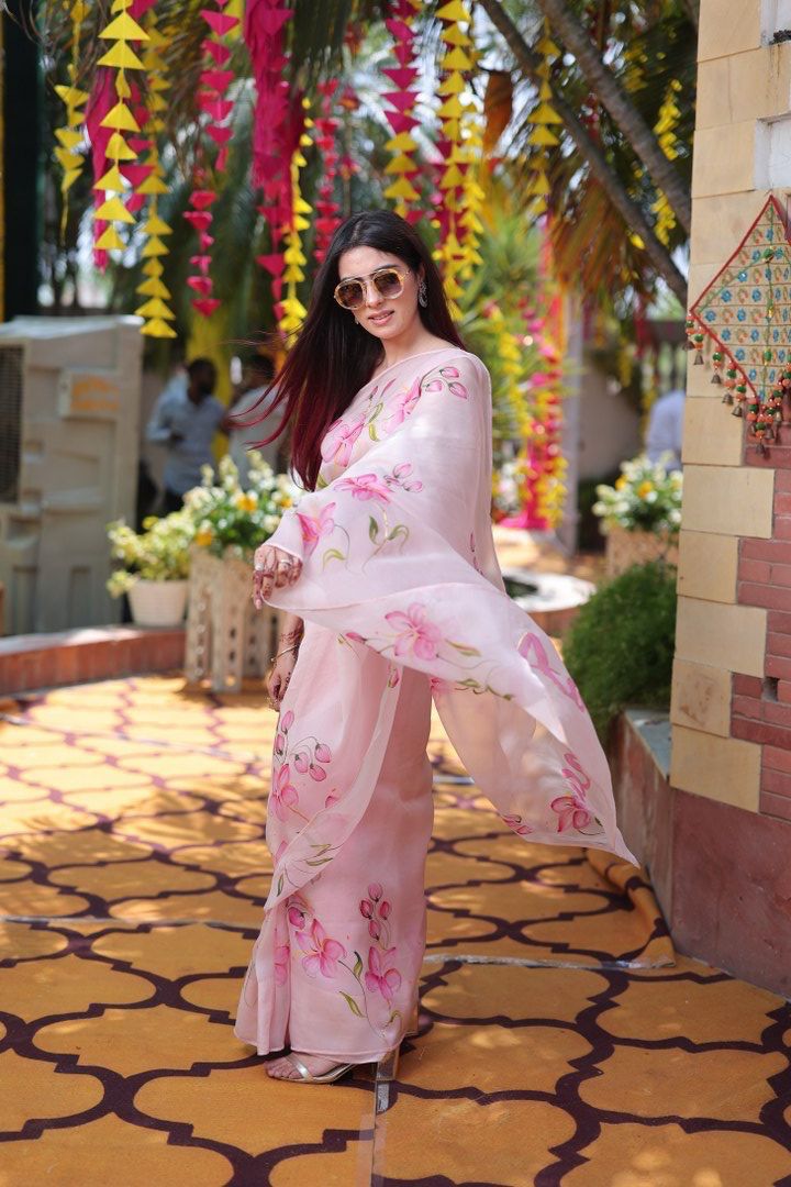 Lilies on Rosepink Organza Saree