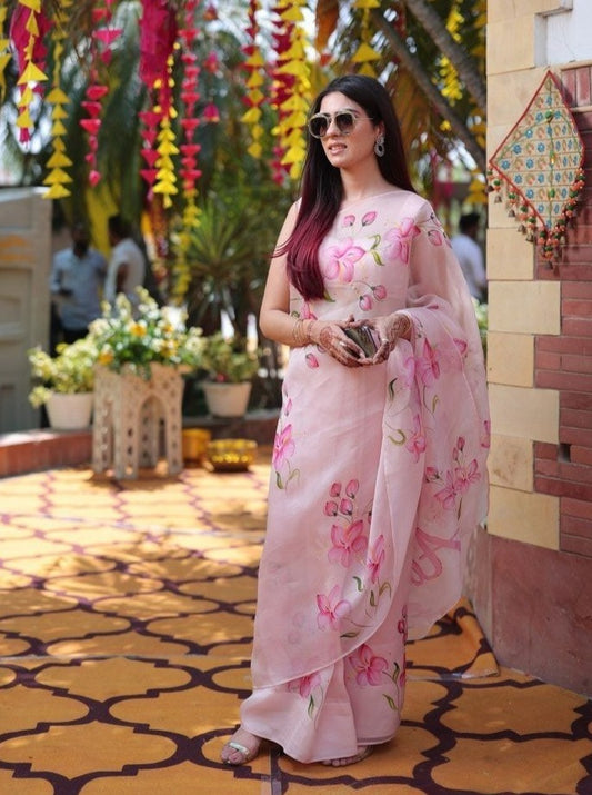 Lilies on Rosepink Organza Saree