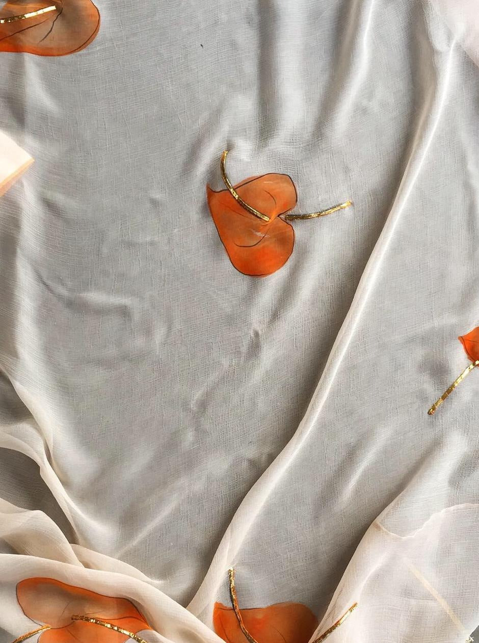 Flamingo flowers in Saffron on Ivory Silk Kurta