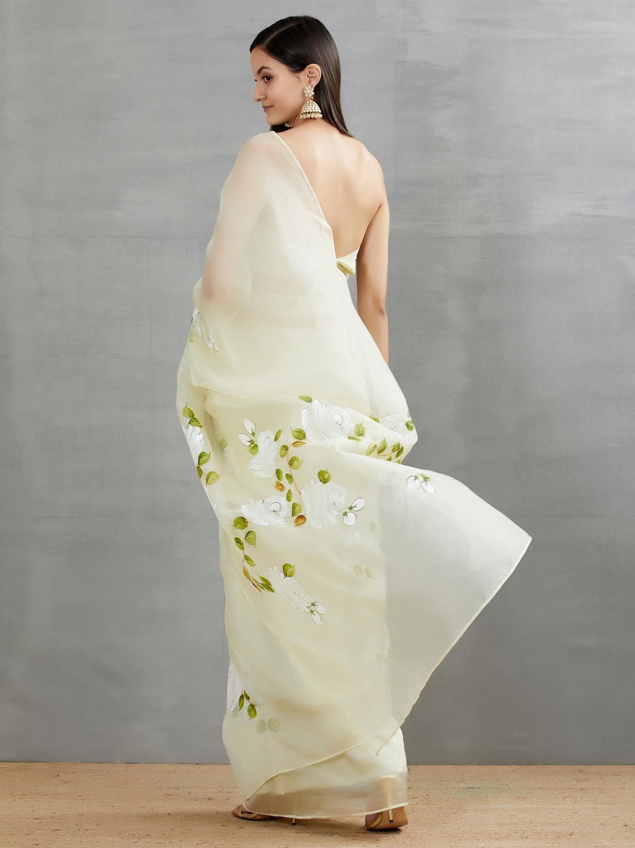 White Roses On Lemon Organza Saree