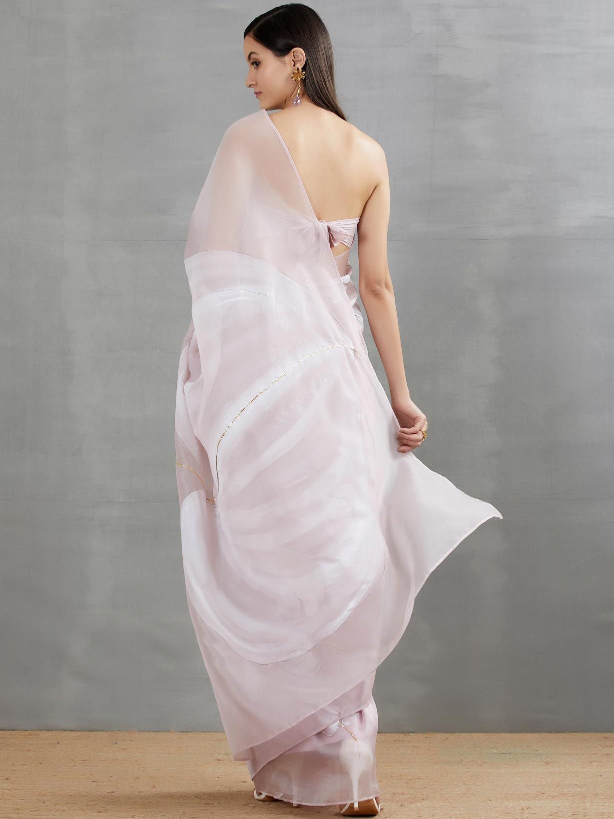 White Anthuriums On Lilac Organza Saree