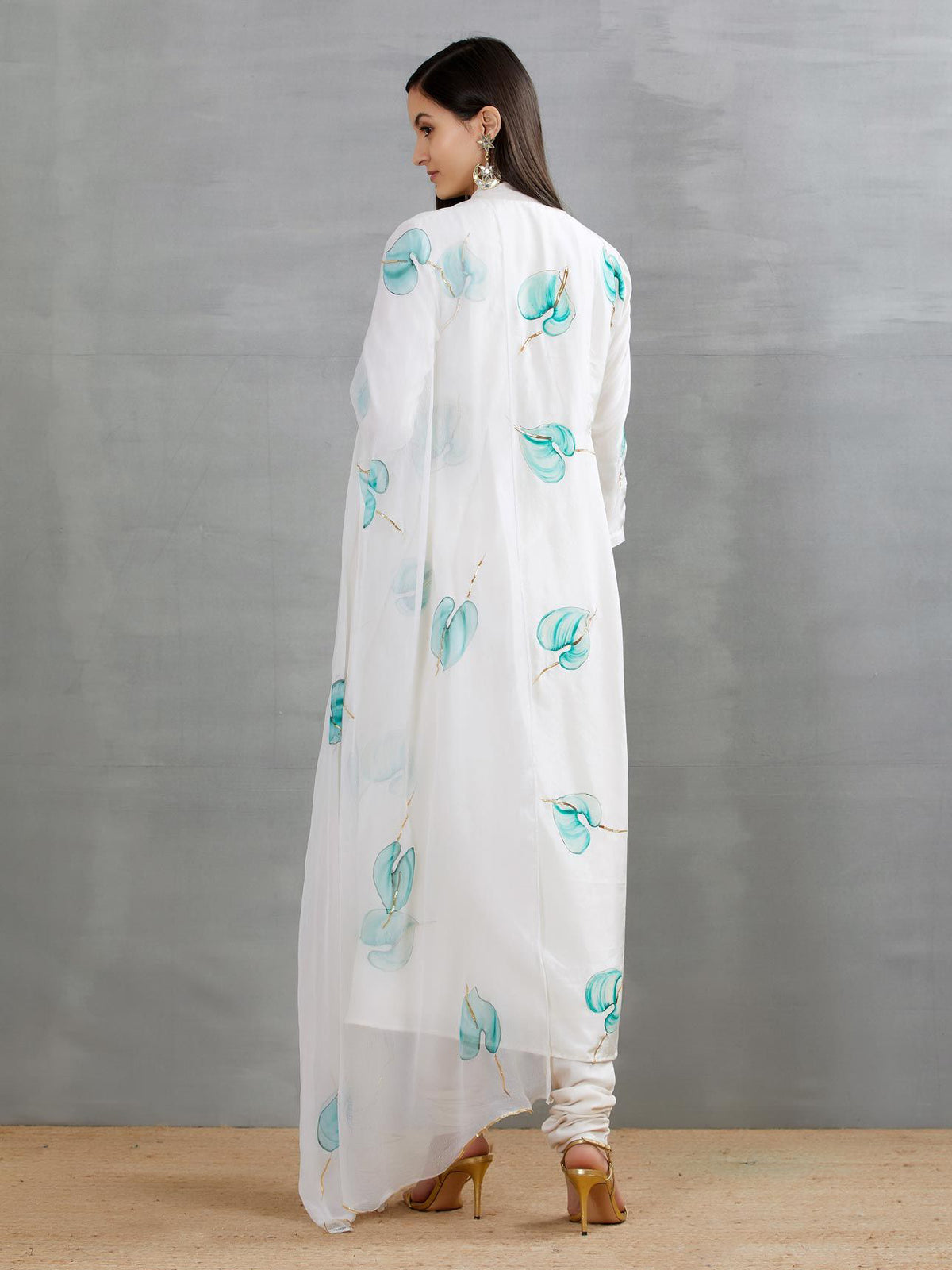 Blue Anthuriums On Dull Ivory Silk Kurta