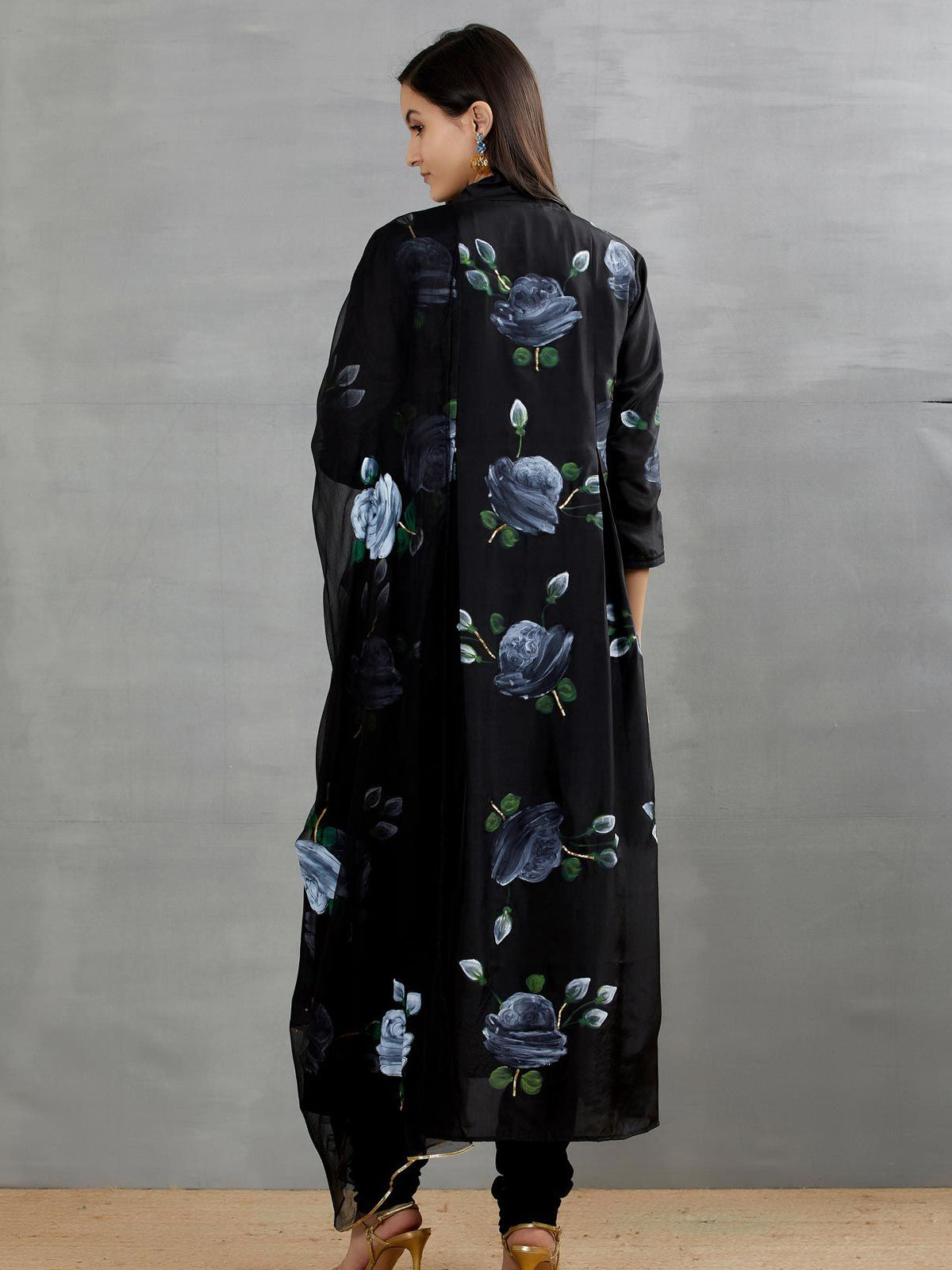 White Roses on Charcoal Black kurta