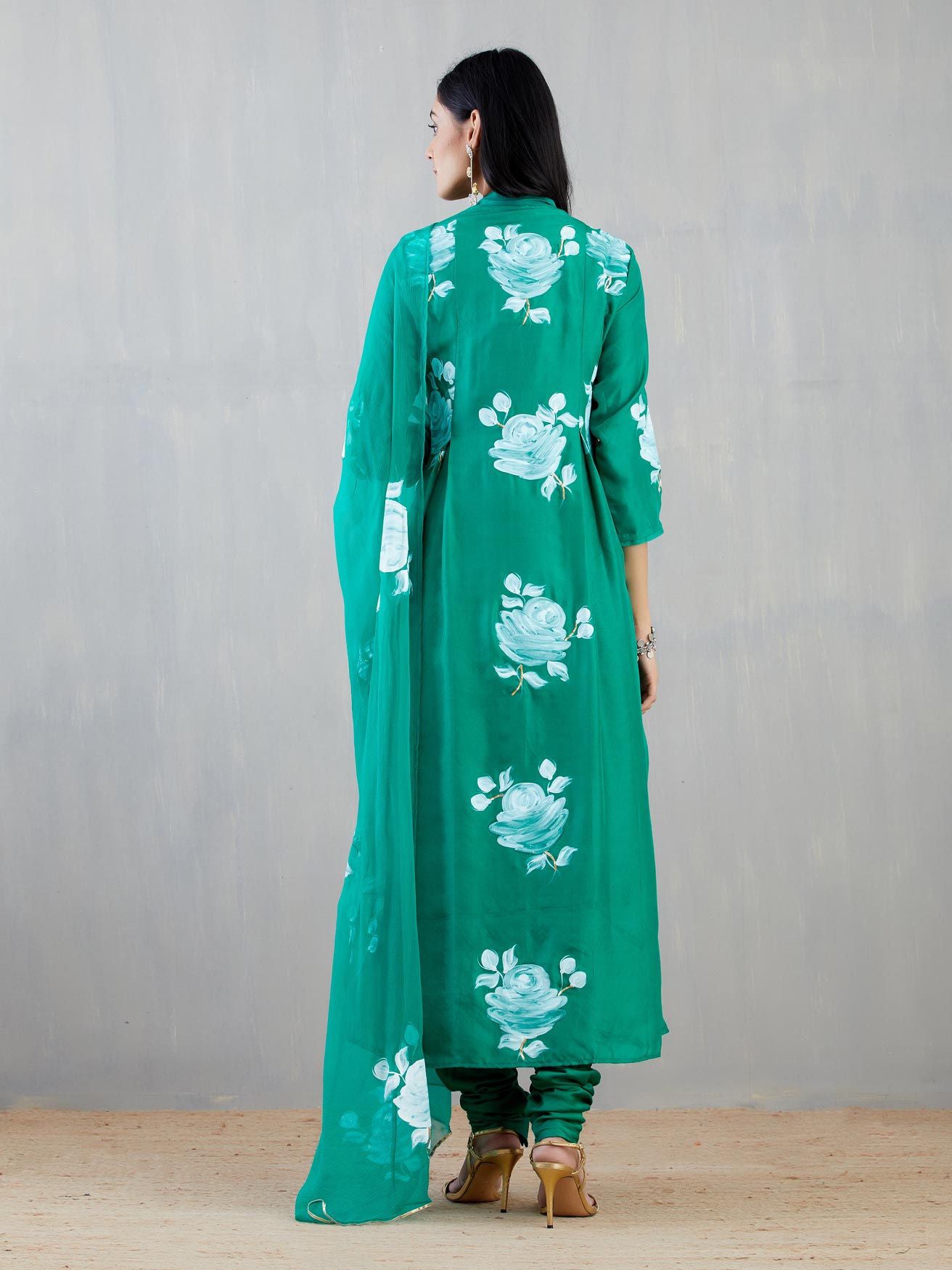 White Roses On Emerald Green Silk Kurta