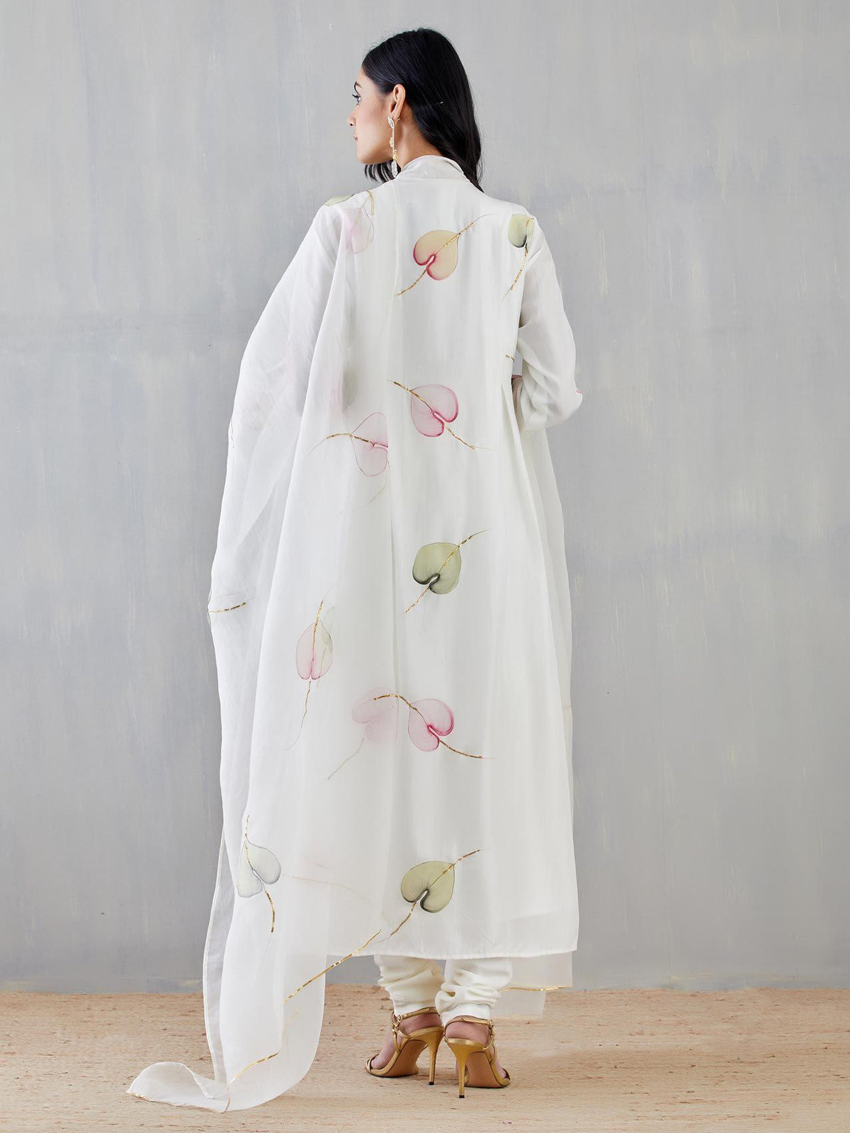 Multi Colour Anthuriums On Ivory Silk Kurta with Organza Dupatta