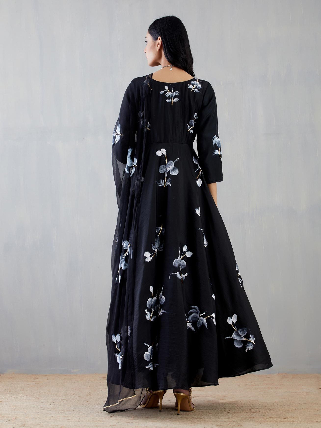 Hibiscus Rose On Charcoal Black Flared Silk Kurta