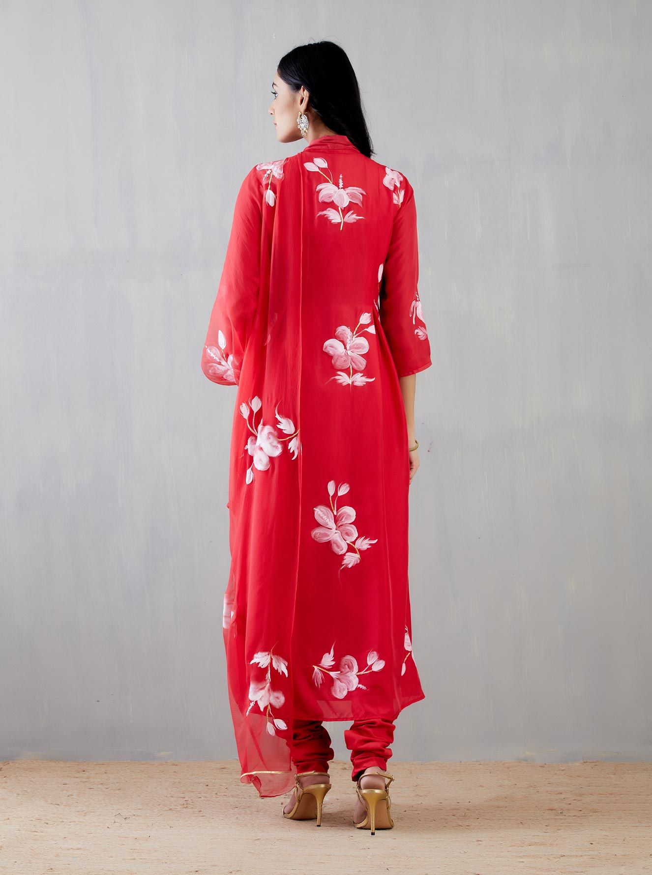 White Hibiscus Rose on Red Kurta