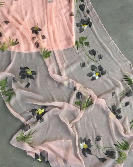 Narcissus on Rose Gold Chiffon Duppata with Plain Silk Kurta