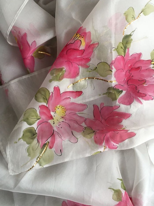 Peonies on Grey Organza Saree