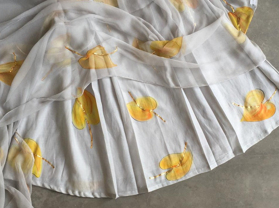 Yellow Anthuriums on Grey Silk Kurta