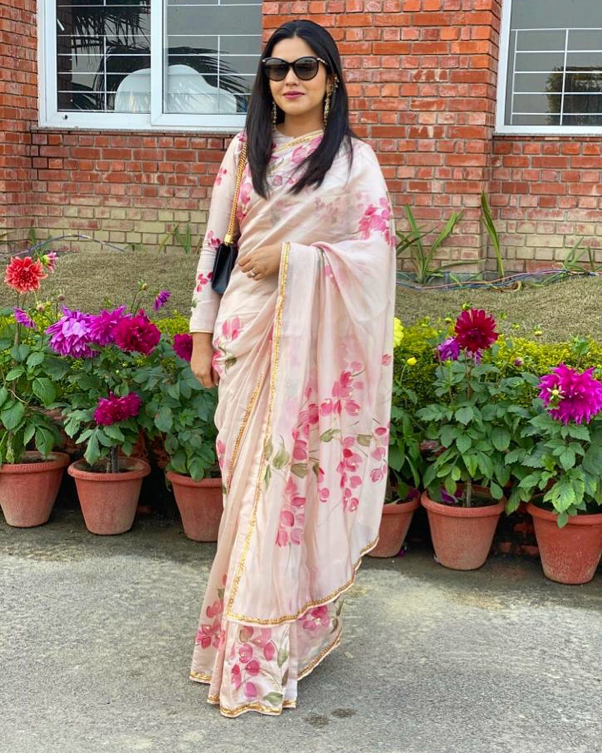 Bouganville’s on Dull rose on Silk Saree with border