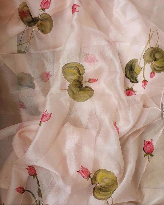 Lotus Flowers on Dull Rose Organza Saree
