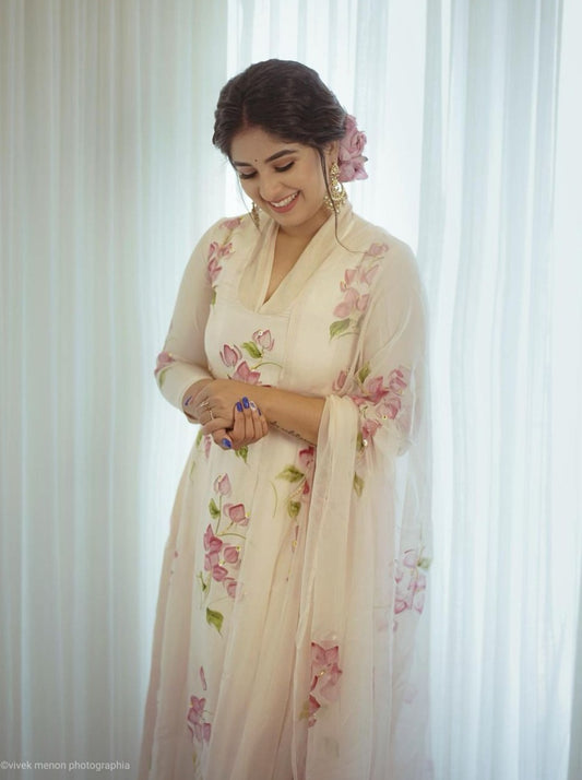 Bouganville’s on Dull Ivory Silk Kurta